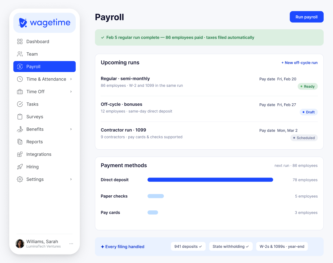 Payroll run screen with salaried and hourly pay tables