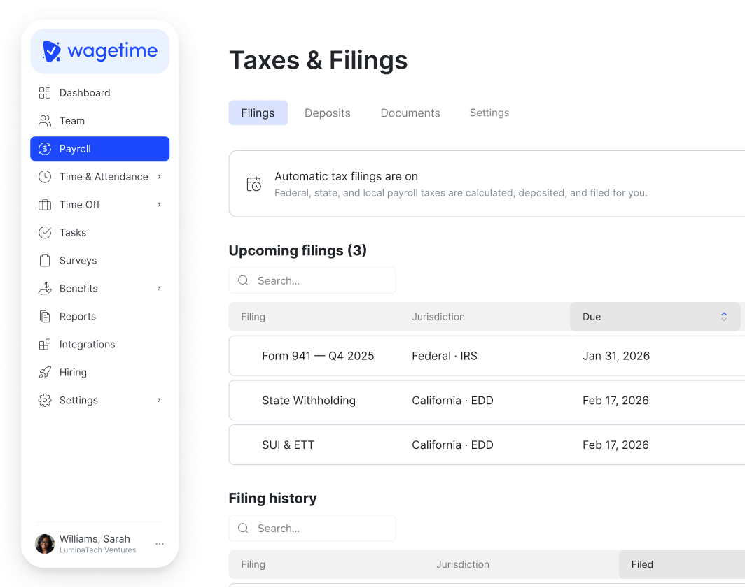 Tax filings dashboard with federal and state filing statuses