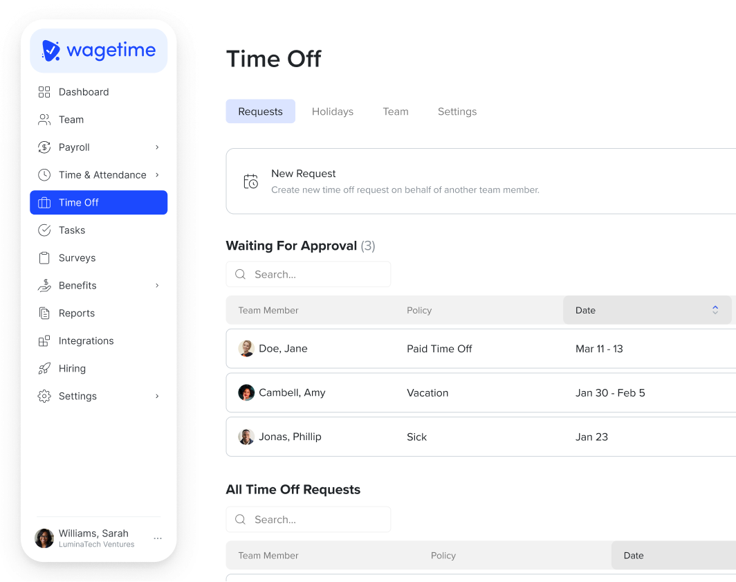 Time-off requests awaiting approval with live balances