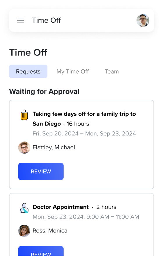 WageTime employee app showing time-off requests and balances